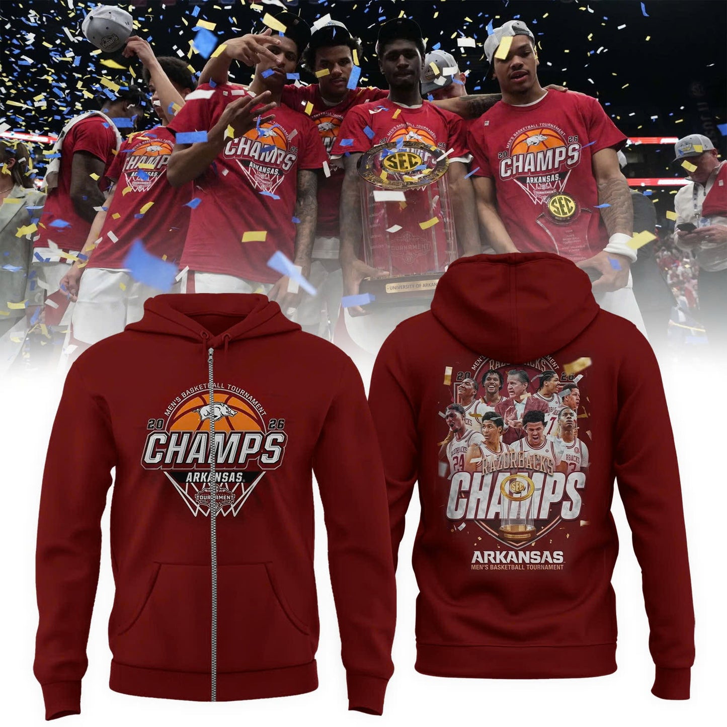 Arkansas Razorbacks Men's Basketball 2026 SEC Tournament Champions Locker Room ZipHoodie