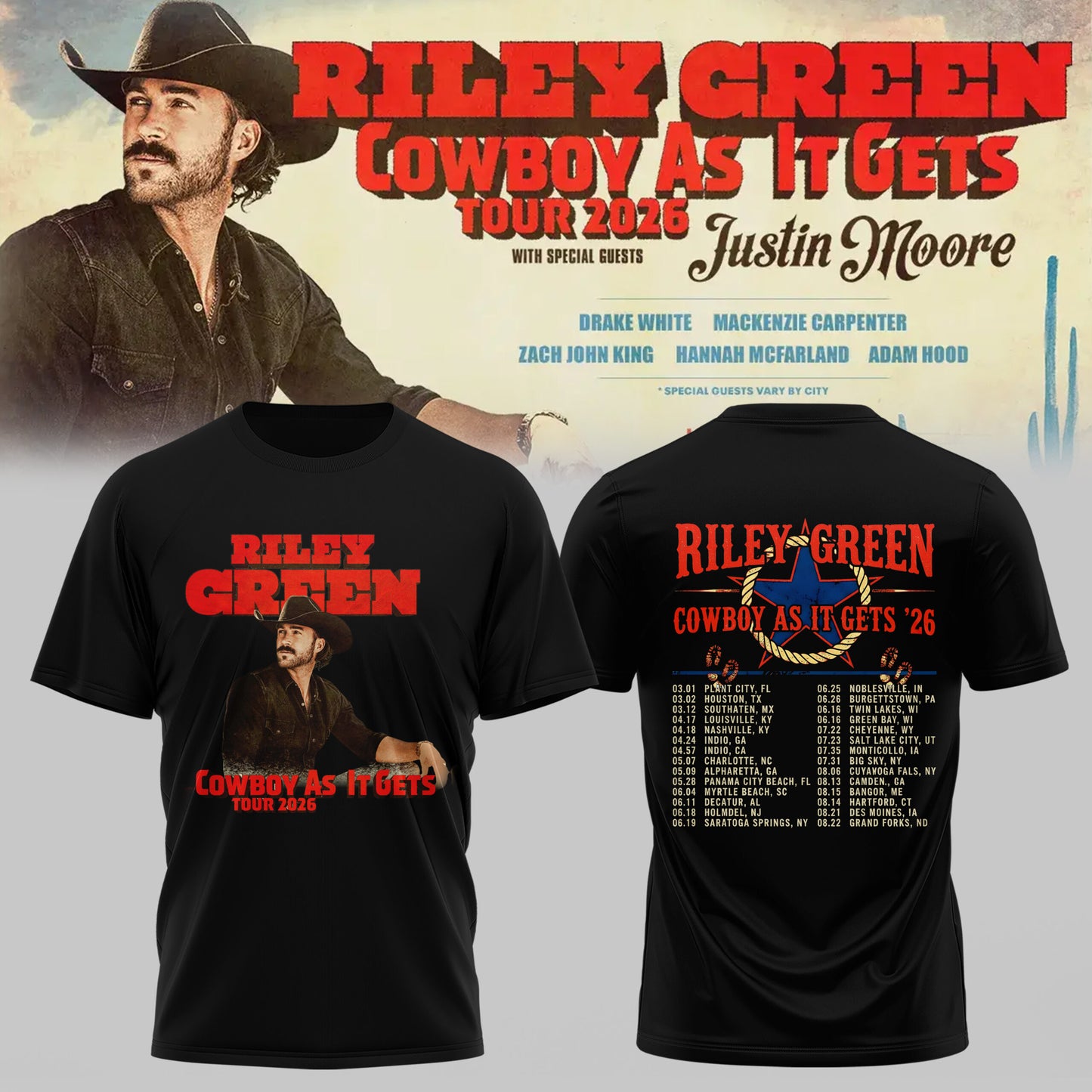 Riley Green’s Cowboy As It Gets Tour 2026 T-shirt