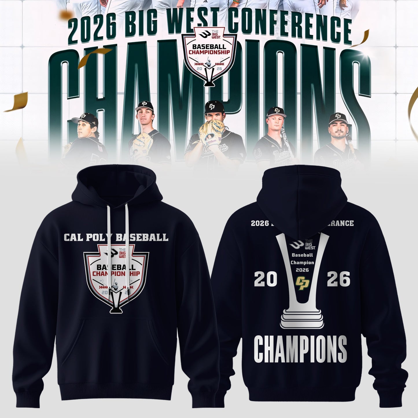 _Big West Conference 2026 Champions – Cal Poly Mustangs Baseball Hoodie