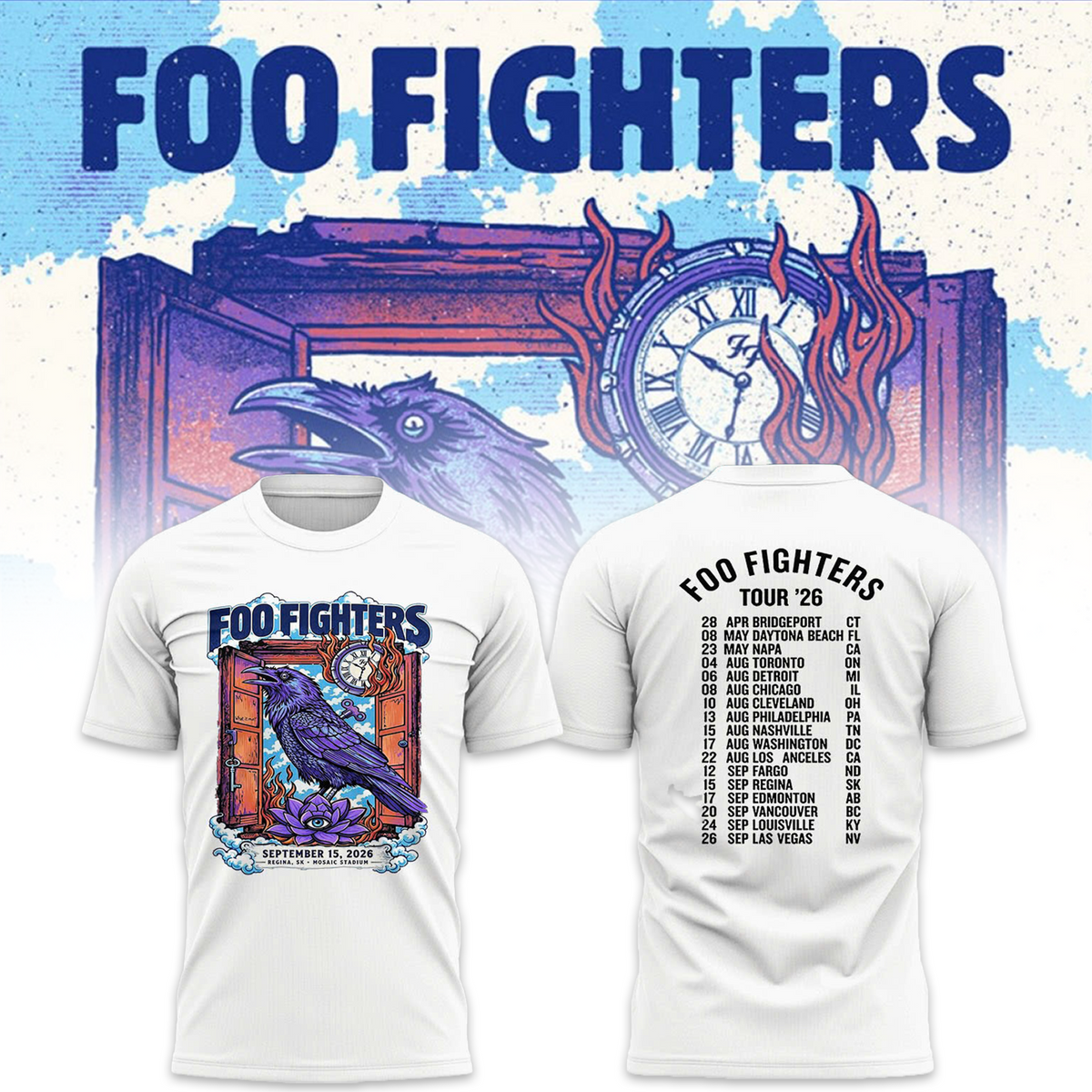 Foo Fighters Tour Poster Artwork Featuring Purple Raven Clock And Lotus Flower Tshirt