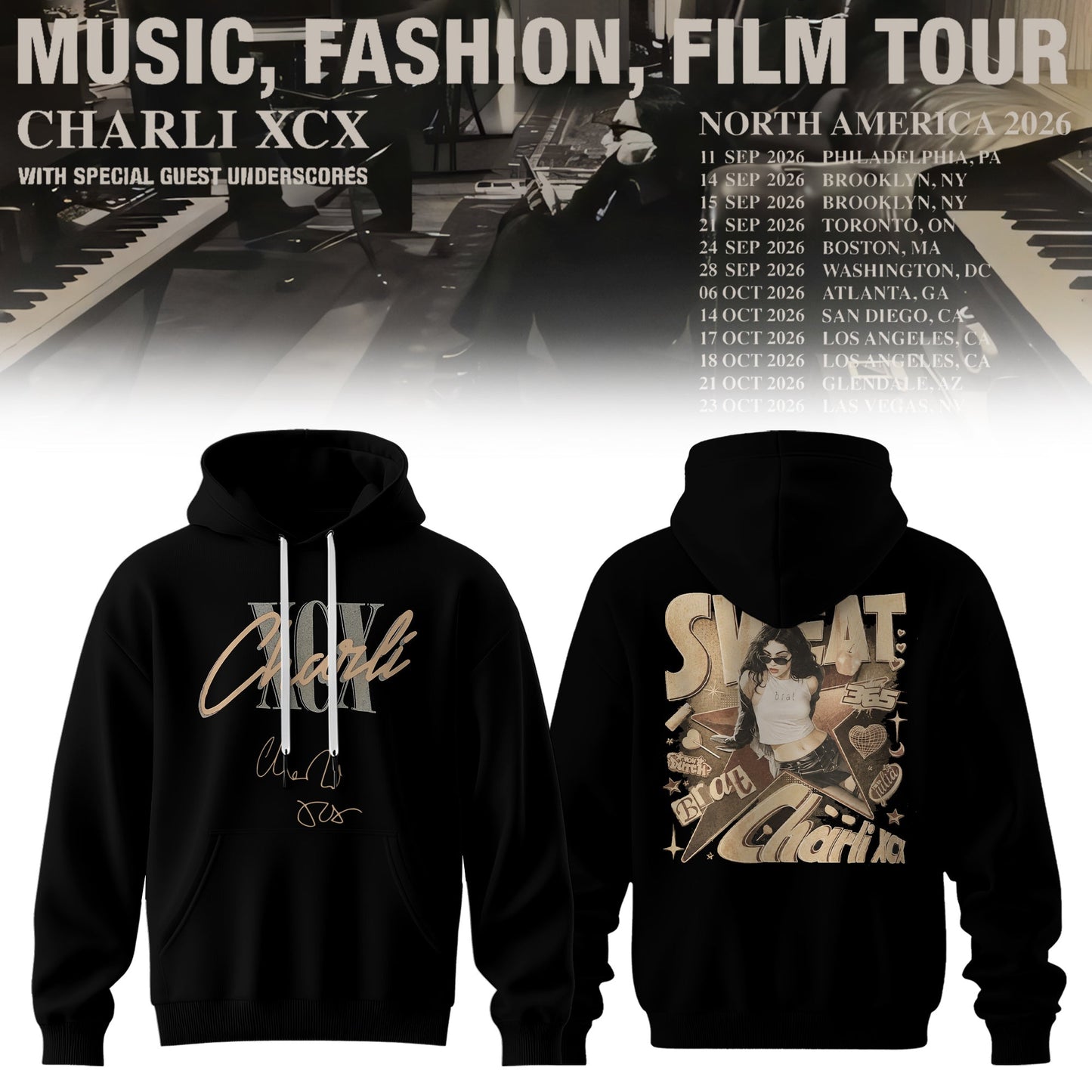 CHARLI XCX “MUSIC, FASHION, FILM” TOUR HOODIE IS HERE