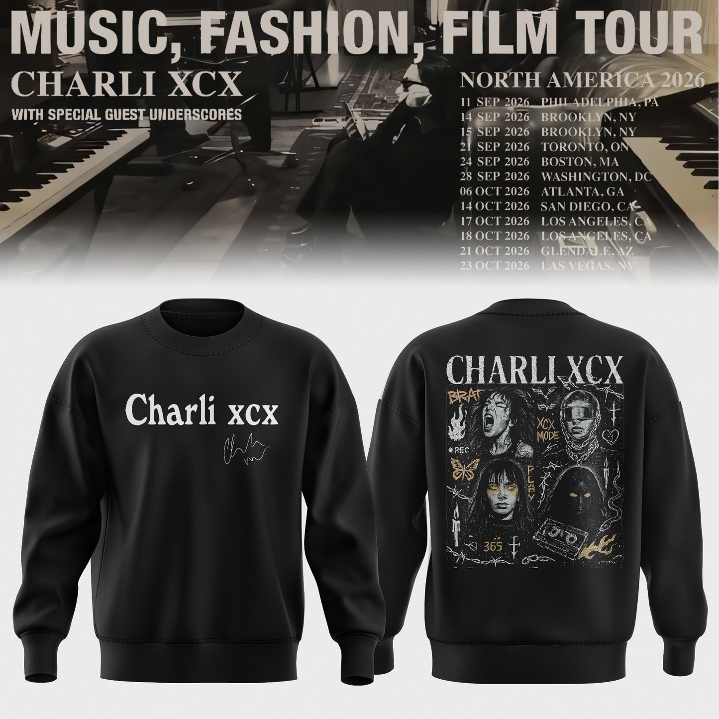 CHARLI XCX “MUSIC, FASHION, FILM” TOUR SWEATER IS HERE