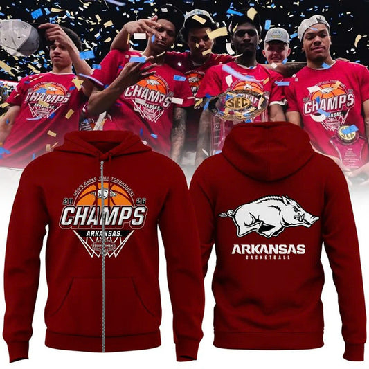 Arkansas Razorbacks Men's Basketball 2026 SEC Tournament Champions Locker Room ZipHoodie