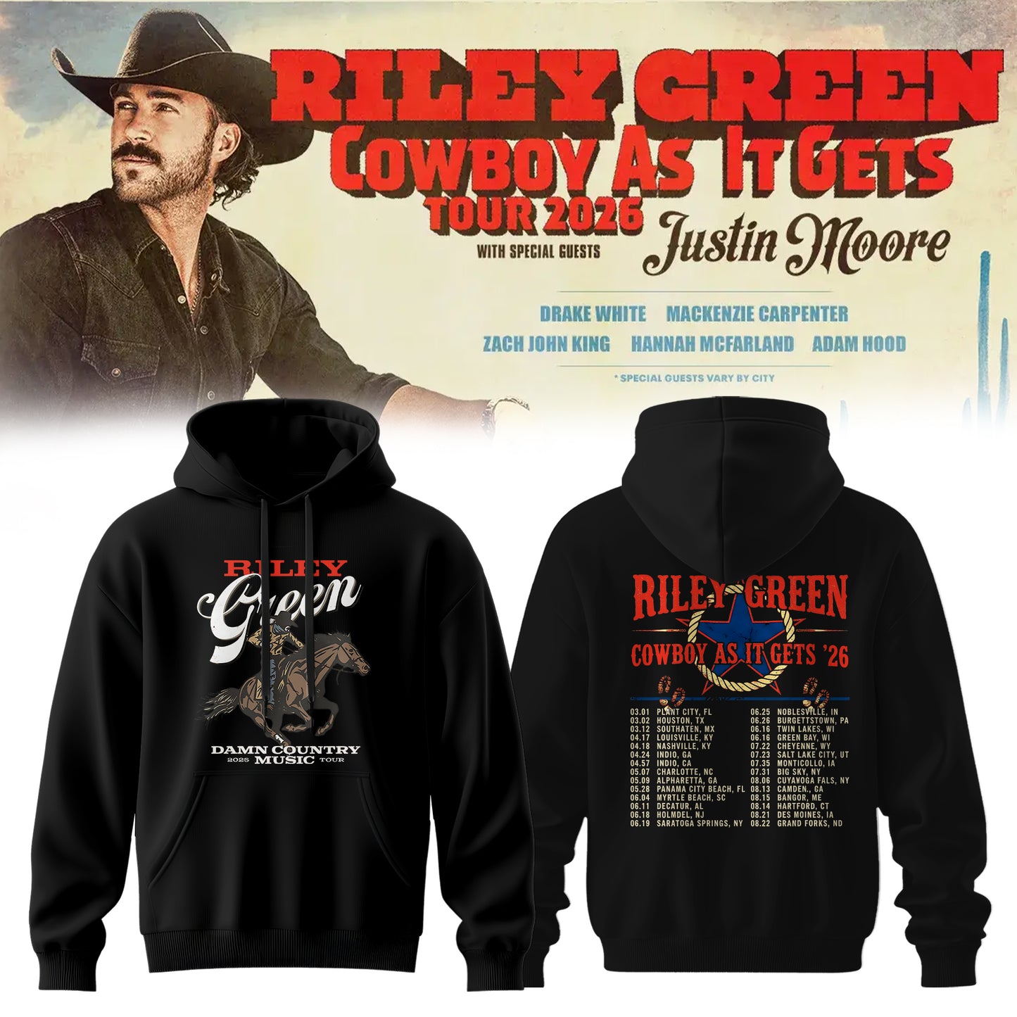 Riley Green’s Cowboy As It Gets Tour 2026 Hoodie