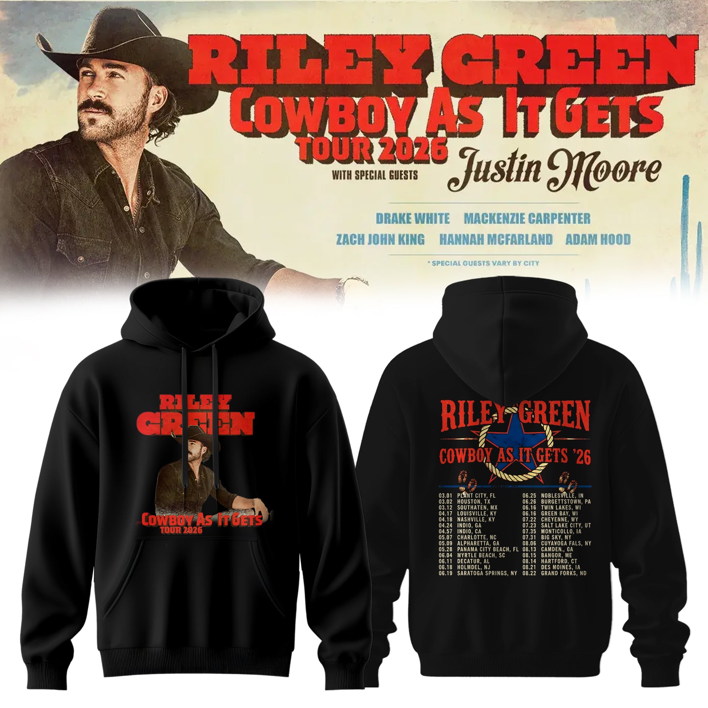 Riley Green’s Cowboy As It Gets Tour 2026 Hoodie