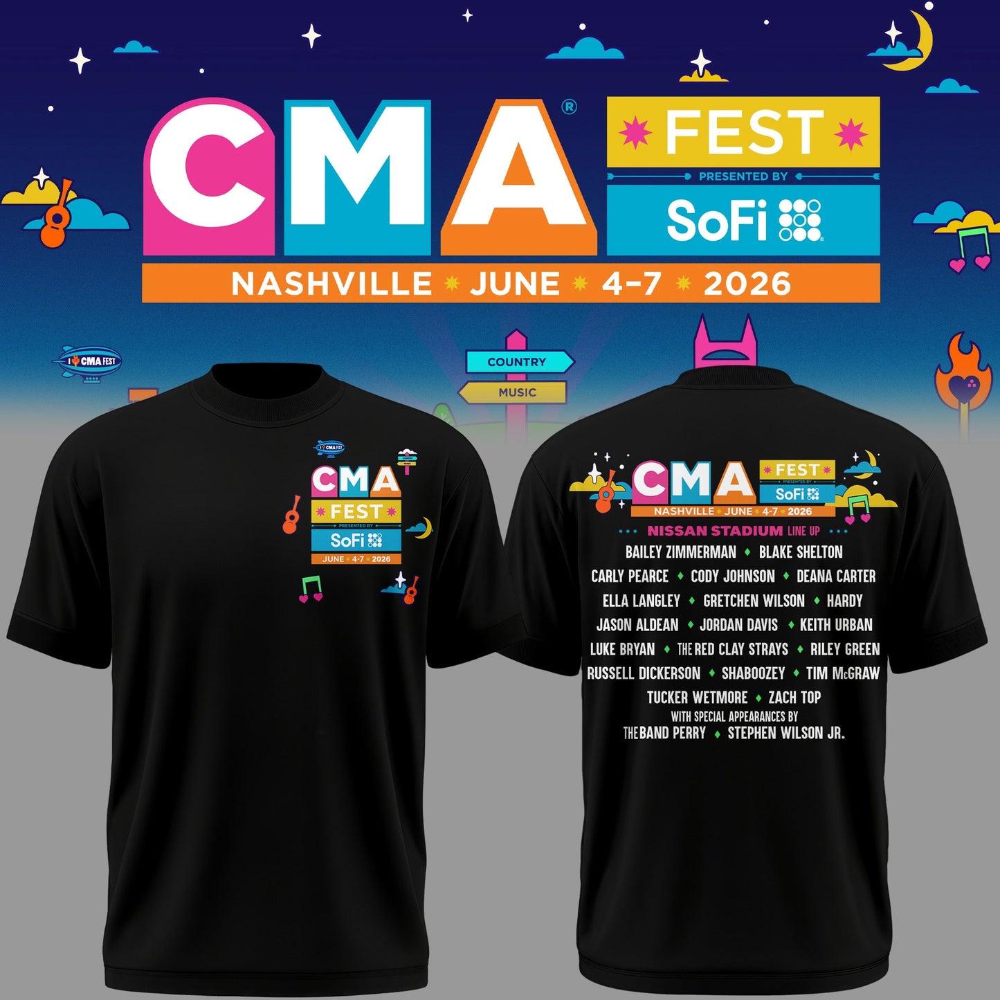 Limited Edition CMA FEST Nissan Stadium All Singers Line Up Black Tshirt 2026
