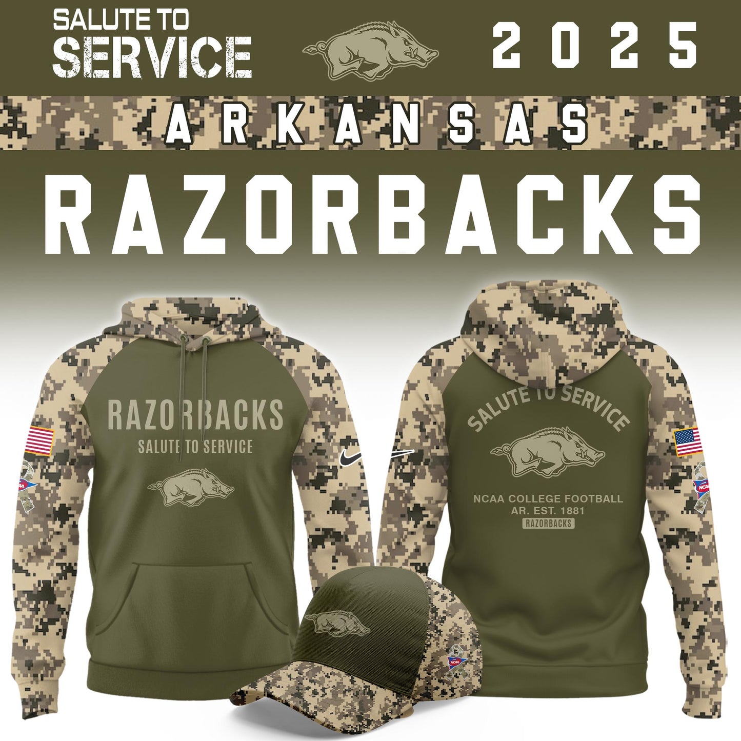 Arkansas Razorbacks Salute To Service Limited Hoodie and Cap 2025 Collection