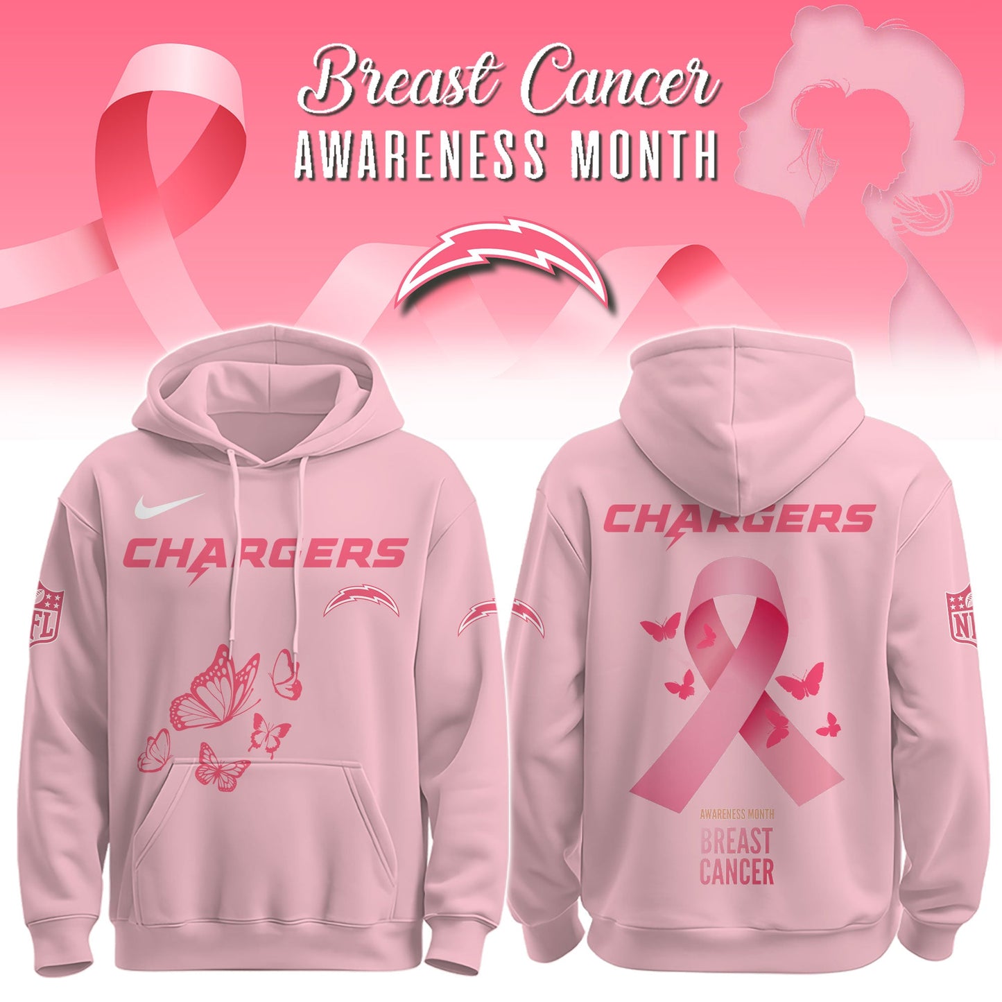 Wear It Pink 2025 - Los Angeles Chargers Breast Cancer Awareness Edition Hoodie