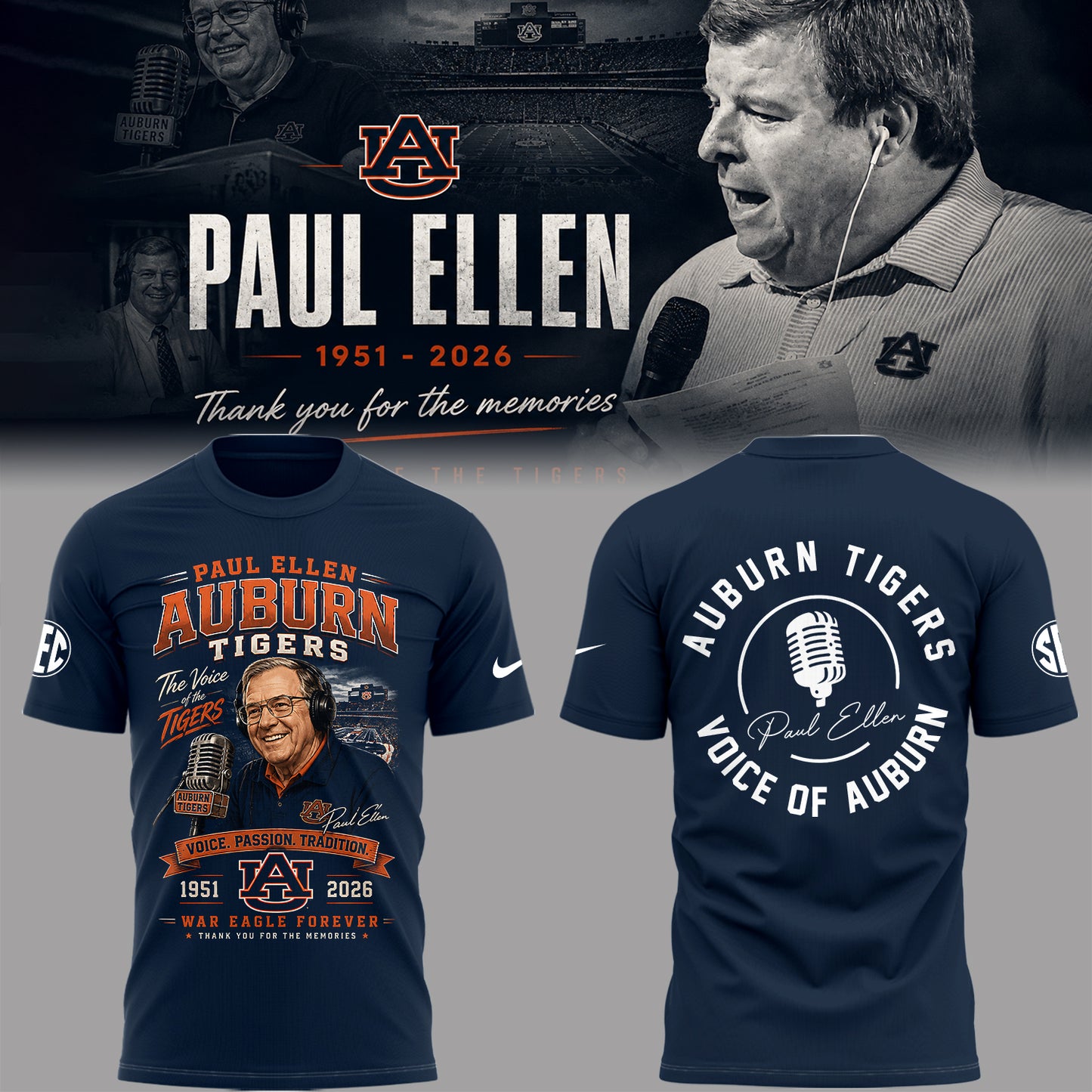 “Remembering Paul Ellen – The Voice of Auburn”🎙️🐅Shirt