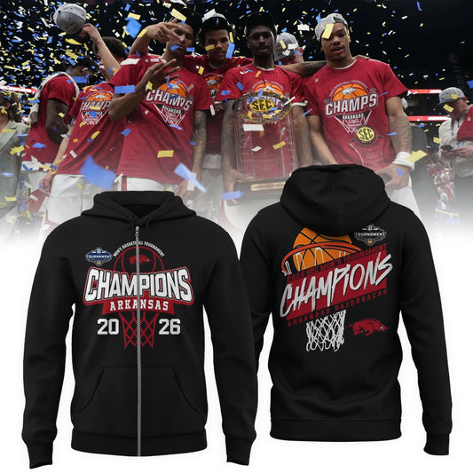 Arkansas Razorbacks Men's Basketball 2026 SEC Tournament Champions Locker Room ZipHoodie