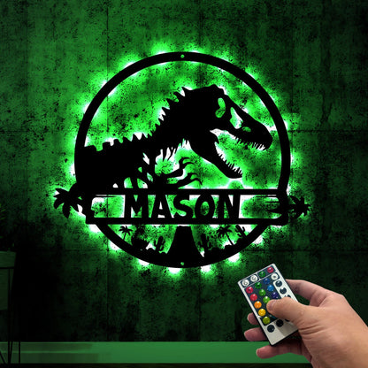 T-Rex dinosaur Metal Wall Art, Led Lights Tyrannosaurus Sign, Personalized T-Rex Sign, Kids Room Decoration, Dino Lover Gift For Children