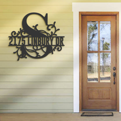 Personalized Floral Monogram Split Letter S Metal Address Sign House number Hanging Address Plaque Yard Sign Outdoor decor Garden Stake