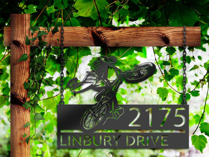 Personalized BMX Bicycle freestyle Metal Address Sign | Hanging Address Plaque | Yard Sign, Outdoor Sign | Garden Stake