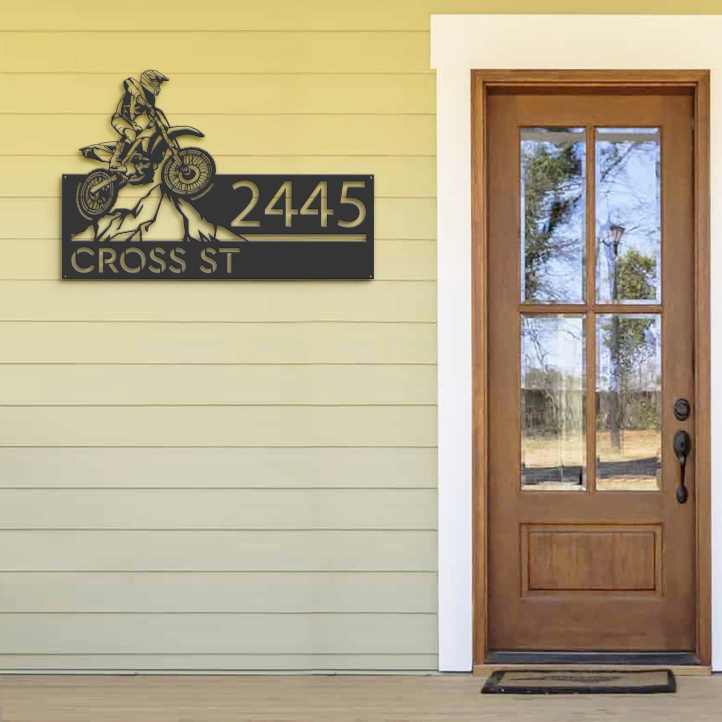 Personalized Dirtbike Motocross rider Mountain climbing Metal Address Sign | Hanging Address Plaque | Yard Sign, Outdoor Sign | Garden Stake