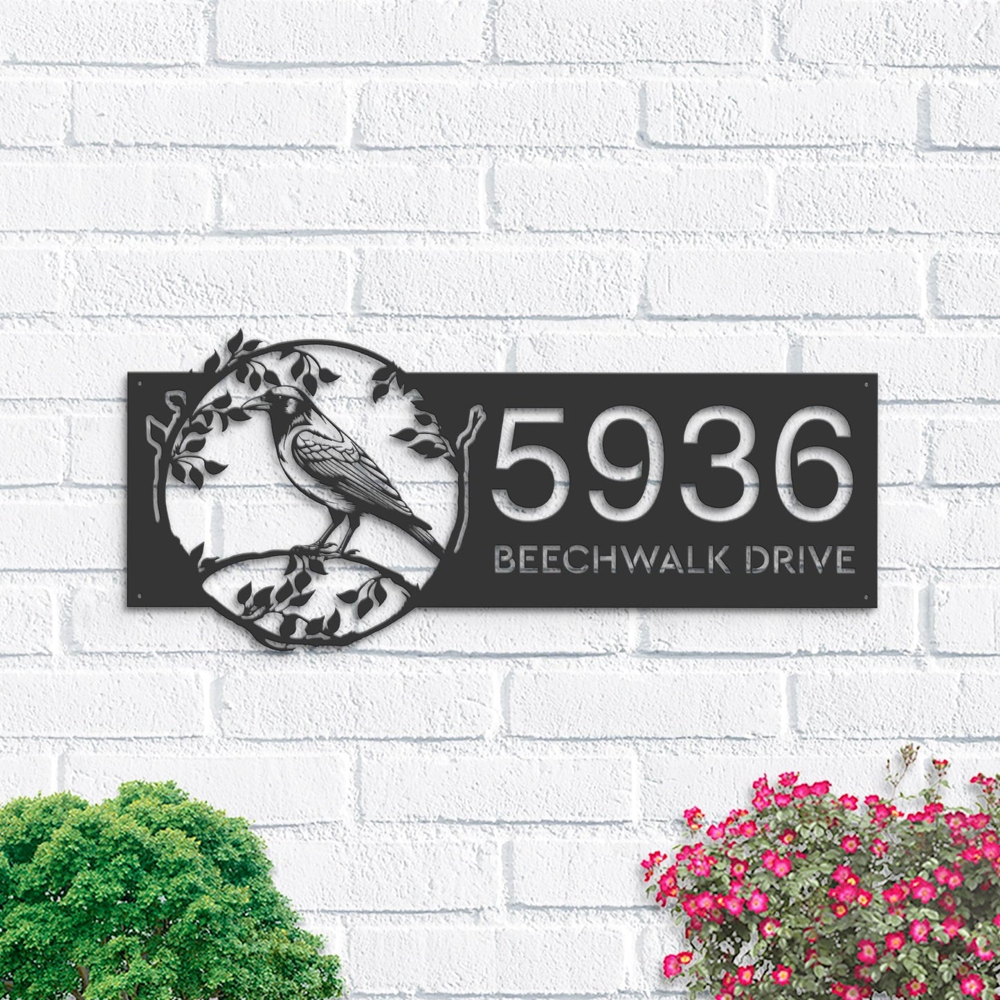 Personalized Crow bird on tree branch Metal Address Sign Custom Hanging Address Plaque House number | Yard Sign, Outdoor Sign | Garden Stake
