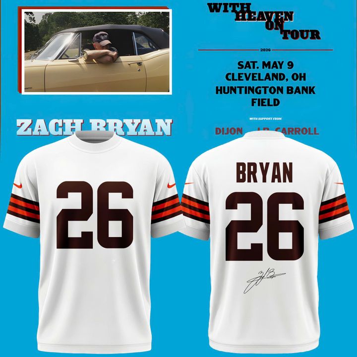 Exclusive 2026 T-Shirt Signed Zach Bryan x Cleveland Browns “With Heaven On Tour” Huntington Bank Field for fans