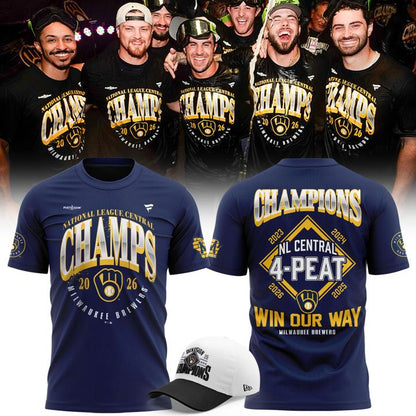 Milwaukee Brewers 2026 National League Central Champions Win Our Way 4-Peat Locker Room T-Shirt - Navy Blue
