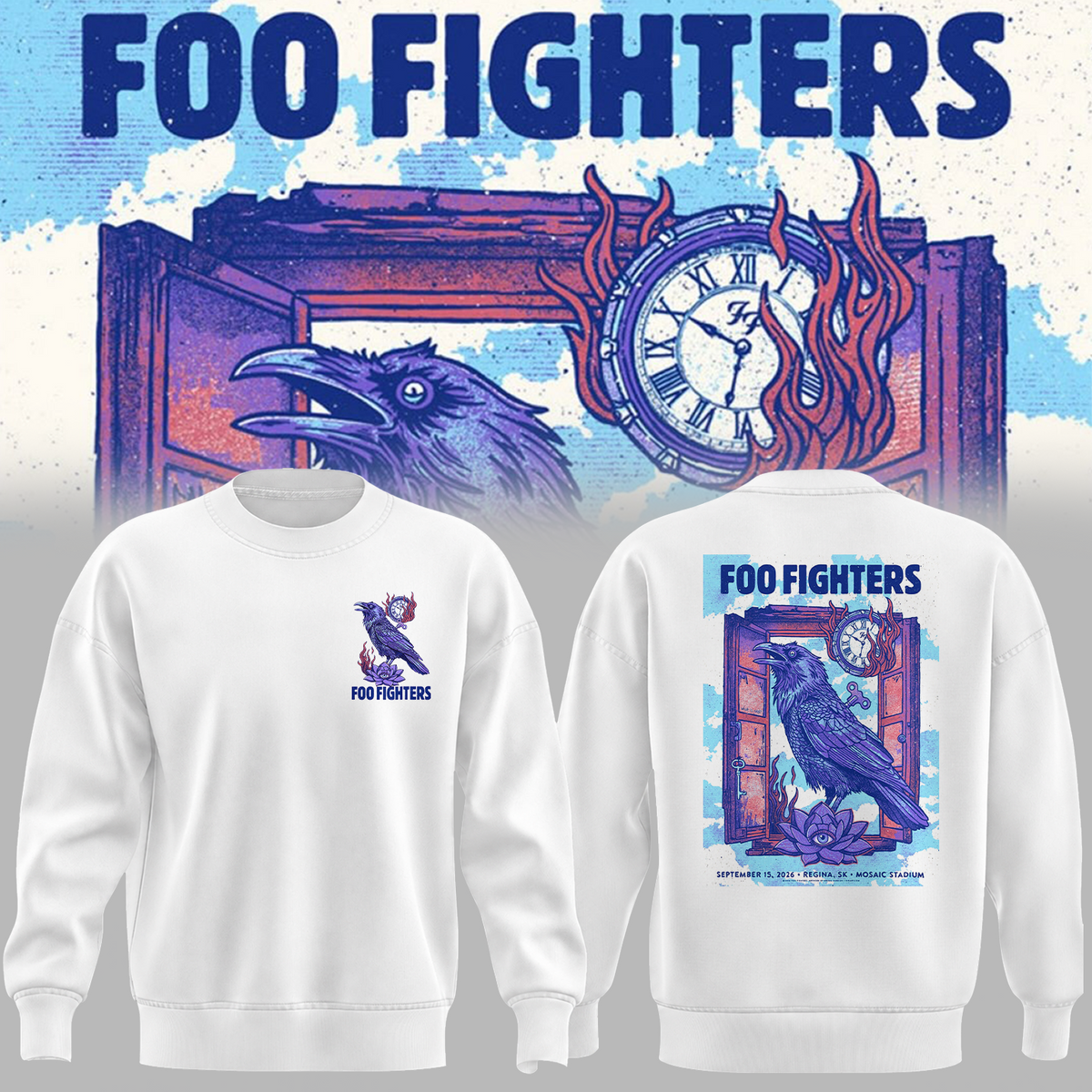 Foo Fighters Tour Poster Artwork Featuring Purple Raven Clock And Lotus Flower Sweater