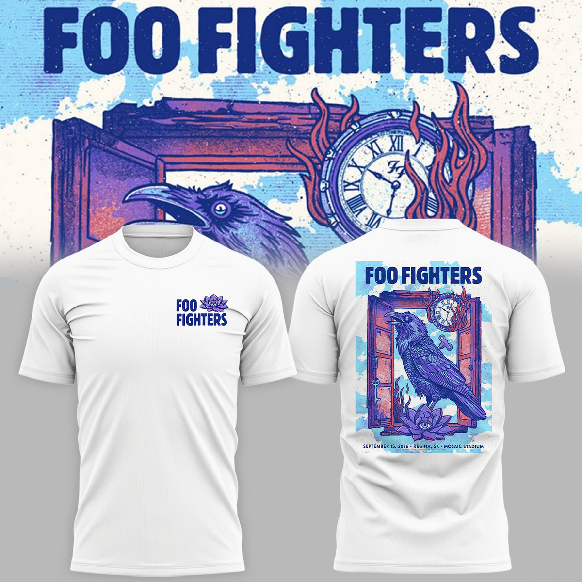 Foo Fighters Tour Poster Artwork Featuring Purple Raven Clock And Lotus Flower Tshirt