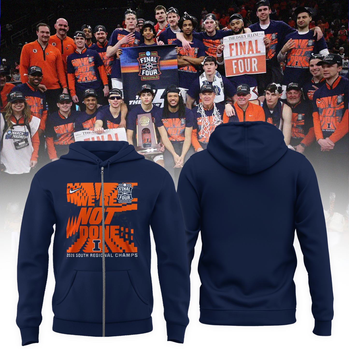Navy Illinois Fighting Illini 2026 Men's Basketball Tournament March Madness Final Four Zip Hoodie